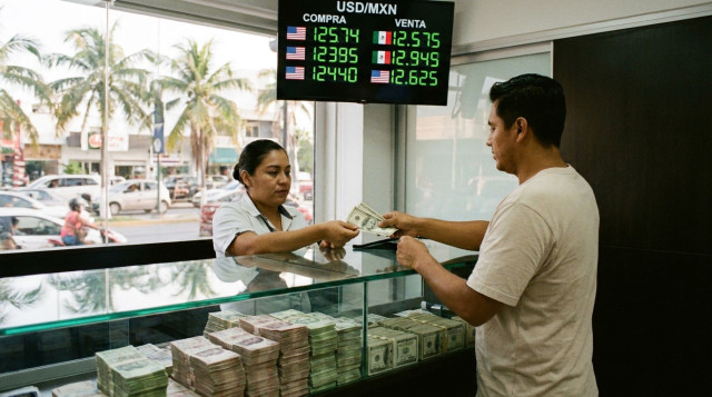 mostrador de una de las casas de cambio en Cancún con billetes de dólares y pesos mexicanos y una pantalla con tasas de compra y venta