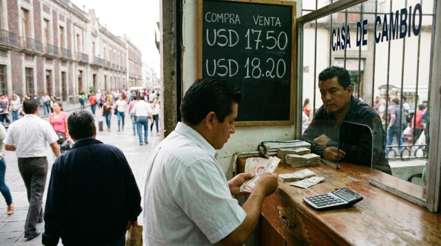 mostrador de una casa de cambio en Ciudad de México con pizarra de tasas de compra y venta, billetes y calculadora