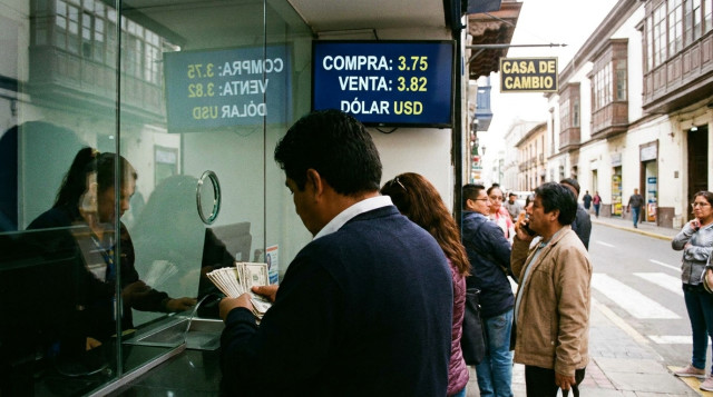 persona contando billetes frente a una ventanilla en una de las casas de cambio en Lima, con pantalla de tasas de compra y venta