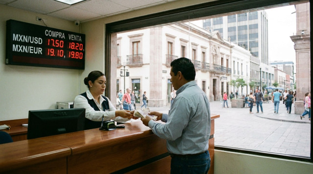 mostrador de casa de cambio en Monterrey con letrero visible de tasación y un cliente recibiendo billetes, ambiente urbano y seguro