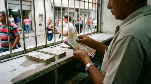 persona contando bolívares frente a un mostrador de casas de cambio en Venezuela con billetes de dólar sobre la mesa