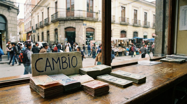 foto horizontal de un mostrador de casa de cambio en Bolivia con billetes de boliviano y dólar sobre la mesa, enfoque nítido en la etiqueta que indica 'Cambio' y ambiente urbano de