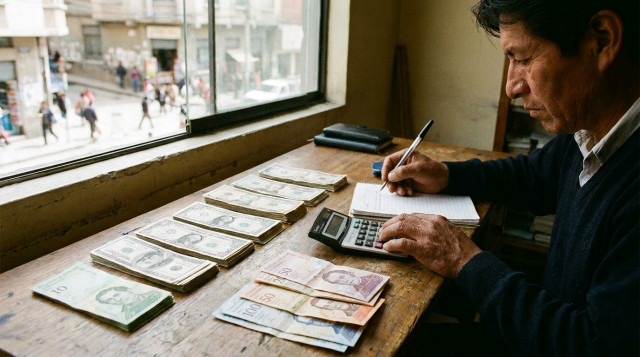 persona calculando la conversión del dólar hoy en Bolivia con billetes de dólares y bolivianos sobre un escritorio