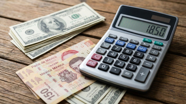 billetes de dólar y pesos mexicanos junto a una calculadora que muestra la conversión del dólar hoy en México