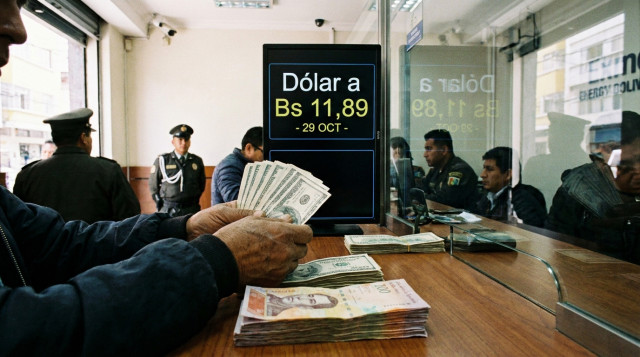 persona contando billetes en una casa de cambio con la cotización del dólar hoy en Bolivia visible en una pantalla