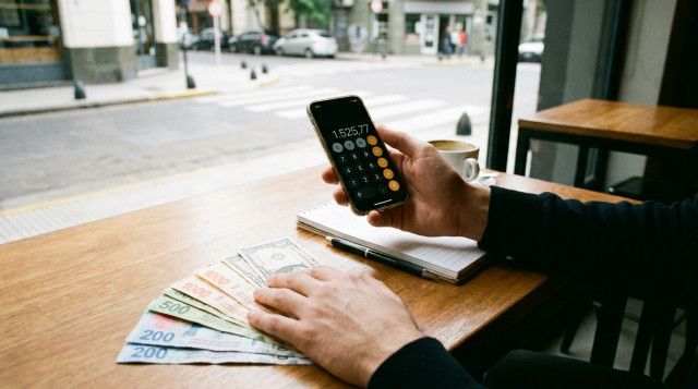 persona calculando cuántos pesos necesita para comprar dólares con el dólar hoy en Argentina en pantalla de celular y billetes sobre una mesa