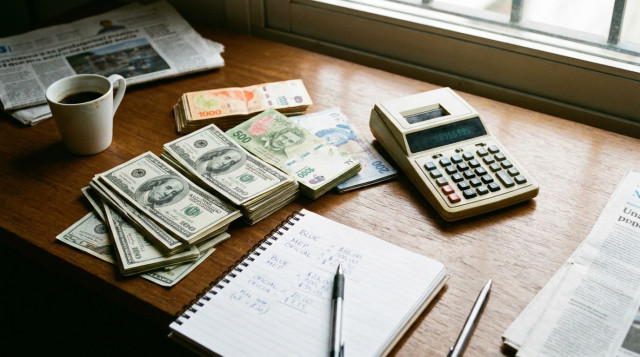 billetes de dólar y de pesos argentinos sobre un escritorio junto a una calculadora, ilustrando el dólar hoy en Argentina
