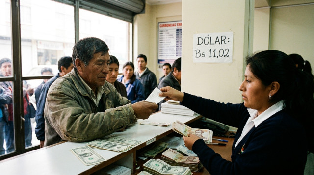 mostrador de cambio en una casa de cambio en Bolivia, billetes de dólares y bolivianos visibles, cliente recibiendo comprobante, iluminación natural