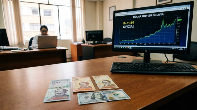 billetes bolivianos y un billete de dólar sobre un escritorio con una pantalla que muestra la frase 'dolar hoy en Bolivia' en un estilo claro y profesional