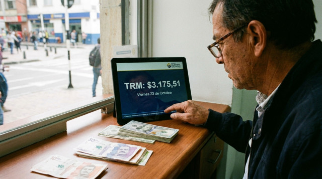 persona revisando la TRM de hoy en una casa de cambio en Colombia con billetes de dólar y pesos sobre el mostrador
