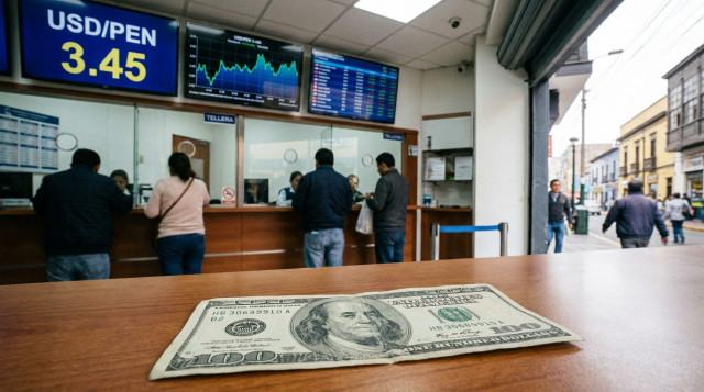 mostrador de una casa de cambio en Lima con pantallas que muestran la cotización USD/PEN y un billete de dólar en primer plano