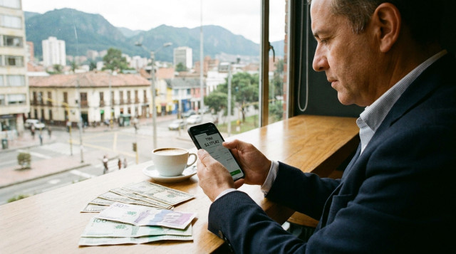 persona revisando la cotización del dólar hoy en Colombia en su teléfono junto a billetes de dólares y pesos colombianos