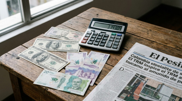 billetes de dólar y pesos colombianos junto a una calculadora que ilustra el dolar hoy en Colombia y la TRM
