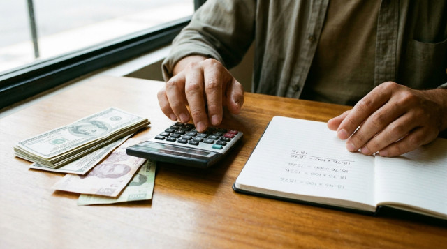 persona usando una calculadora junto a billetes de dólar y pesos mexicanos para calcular el dólar hoy en México
