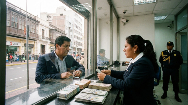 ventanilla de una casa de cambio en Lima con soles y dólares sobre el mostrador, ilustrando el dólar hoy en Perú