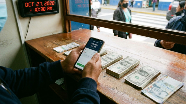 persona revisando la cotización del dólar hoy en Perú en un celular junto a billetes de dólares y soles sobre un mostrador de casa de cambio