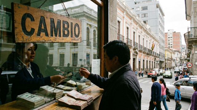 mostrador de casa de cambio en Bolivia con letrero 'Cambio' y billetes de dólares y bolivianos sobre la mesa, enfoque nítido y ambiente urbano