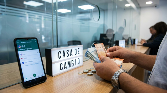 Billetes y monedas chilenas junto a un cartel de