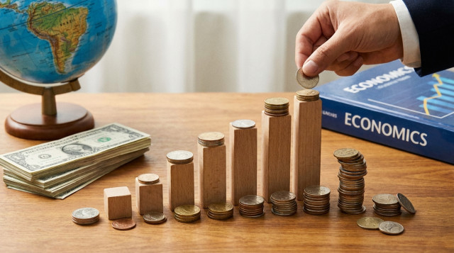 gráfico de barras y monedas junto a billetes de dólar sobre un escritorio, ilustrando por qué sube o baja el dólar