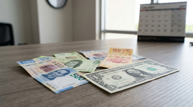 billetes de peso mexicano y un dólar estadounidense sobre una superficie neutra, enfoque nítido en la leyenda USD/MXN para portada horizontal