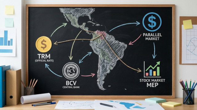 gráfico ilustrativo con iconos de TRM, BCV, mercado paralelo y bolsa, mapa de América Latina y flechas que muestren flujos de remesas y tipos de cambio