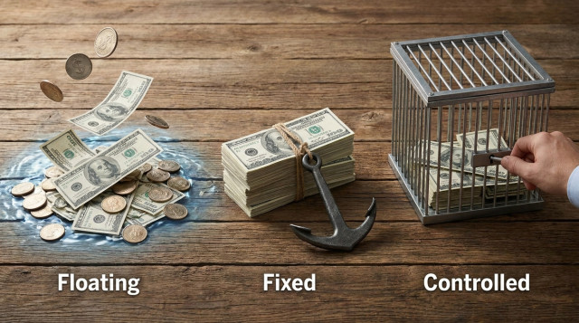 infografía sencilla que compara el tipo de cambio flotante, fijo y con controles, con monedas y billetes de dólar como referencia