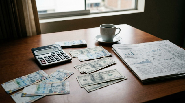 billetes de dólar y soles peruanos sobre un escritorio junto a una calculadora que muestra el dólar hoy en Perú