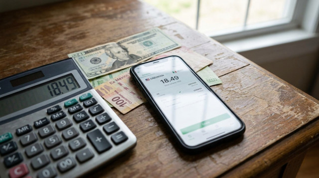 primer plano de billetes de dólar y peso mexicano sobre una mesa con una calculadora y un teléfono mostrando una cotización de tipo de cambio, luz natural, enfoque en la cifra y lo