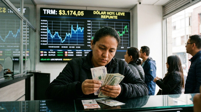 persona contando billetes en una casa de cambio con una pantalla de cotización al fondo, ilustrando el dólar hoy en Colombia