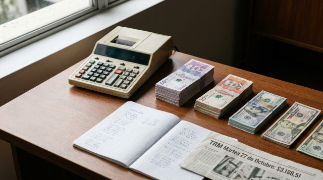 calculadora y billetes de pesos colombianos y dólares sobre un escritorio para ilustrar el dolar hoy en Colombia y la TRM