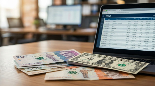 primer plano de billetes de peso colombiano y dólares sobre una mesa, con un laptop mostrando una tabla de cotizaciones y el texto 'TRM' visible en la pantalla, enfoque financiero