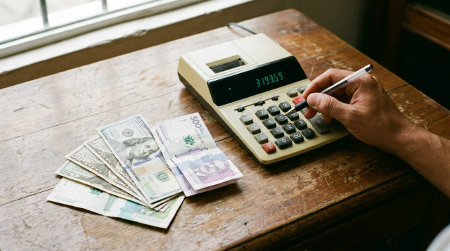 calculadora y billetes de dólar junto a pesos colombianos para ilustrar la TRM hoy en Colombia