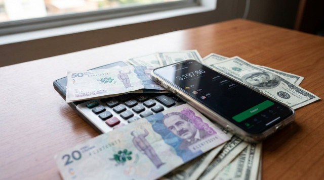 primer plano de billetes de peso colombiano y billetes de dólar sobre una calculadora y un smartphone mostrando una cotización, con enfoque en el número '3.197,66' en la pantalla