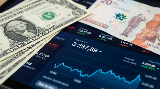 primer plano de billetes de dólar y pesos colombianos sobre una pantalla que muestra una cotización, enfoque claro en los números, composición horizontal