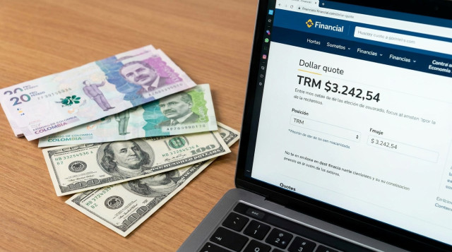 Primer plano de billetes de peso colombiano y dólares sobre una mesa con un portátil que muestra una página de cotización del dólar, iluminación neutra y enfoque en las tarjetas de