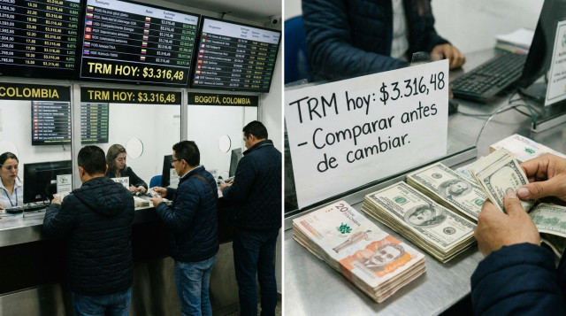 Fotografía horizontal de un mostrador de casa de cambio en Bogotá con pantallas mostrando tasas y un acercamiento a billetes en pesos y dólares, iluminación neutra y foco en el let