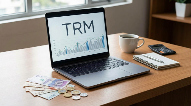 fotografía horizontal de un escritorio con un portátil mostrando una pantalla con la palabra TRM y billetes y monedas colombianas al lado, iluminación neutra