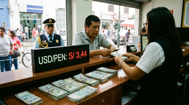 mostrador de una casa de cambio en Lima con letrero de cotización y billetes de dólares y soles sobre una mesa, vista horizontal