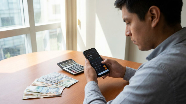 persona comparando en un móvil la cotización USD/PEN con una calculadora y una mesa con billetes de soles y dólares, enfoque nítido, luz natural, horizontal