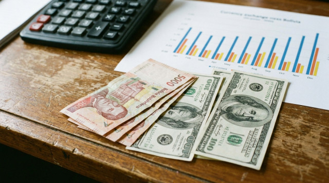 Primer plano de billetes de bolivianos y dólares estadounidenses sobre un escritorio de madera con una calculadora financiera y un gráfico de barras de fondo
