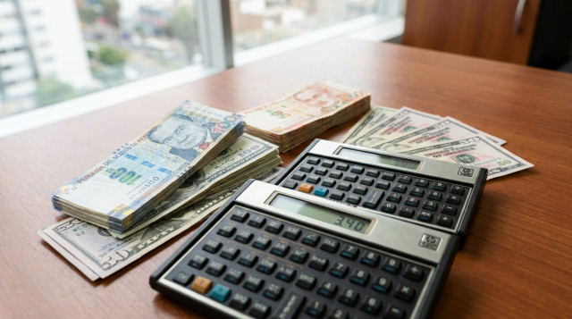 Billetes de soles peruanos y dólares estadounidenses dispuestos sobre una superficie de oficina con una calculadora financiera