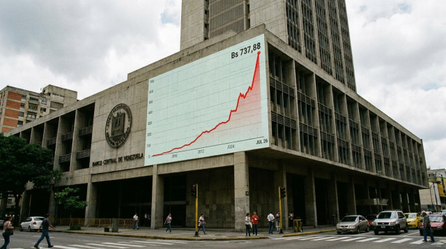 Fachada del Banco Central de Venezuela con un gráfico de líneas ascendente que representa la evolución del tipo de cambio oficial