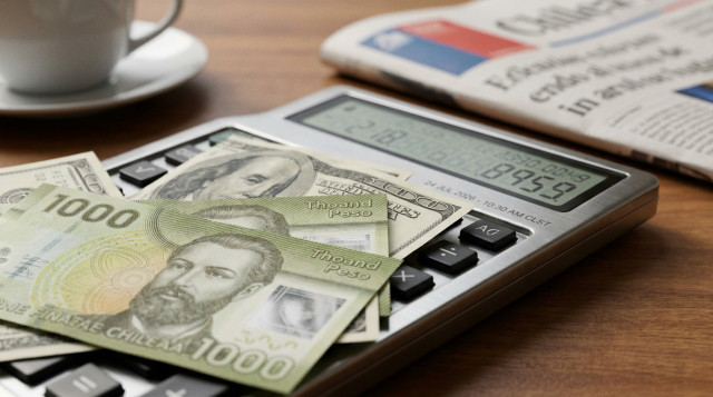 Un primer plano de billetes de mil pesos chilenos junto a billetes de dólar estadounidense sobre una calculadora financiera, representando el dolar hoy en Chile