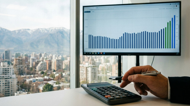 Una calculadora financiera junto a un gráfico de barras que muestra la evolución del peso chileno frente al dólar estadounidense en una oficina moderna
