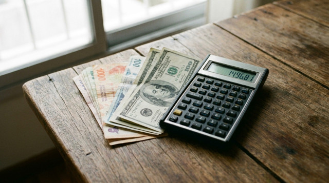 Primer plano de billetes de pesos argentinos y dólares estadounidenses sobre una mesa de madera con una calculadora financiera, representando el tipo de cambio en Argentina
