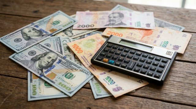 Primer plano de billetes de cien dólares estadounidenses y pesos argentinos sobre un escritorio de madera con una calculadora financiera, representando el mercado cambiario en Arge