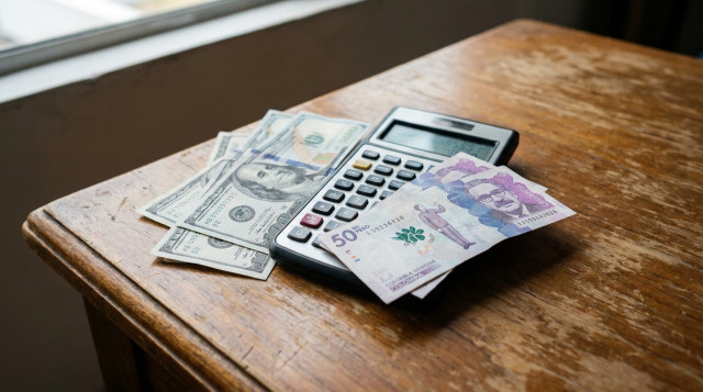Primer plano de billetes de cien dólares estadounidenses y billetes de cincuenta mil pesos colombianos sobre una calculadora financiera en un escritorio de madera