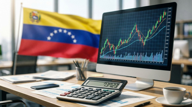 Gráfico financiero digital con la bandera de Venezuela de fondo y una calculadora mostrando la cifra de la tasa BCV