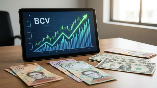 Primer plano de una pantalla digital mostrando gráficos financieros ascendentes y el texto BCV junto a billetes de bolívares y dólares en un escritorio de oficina.