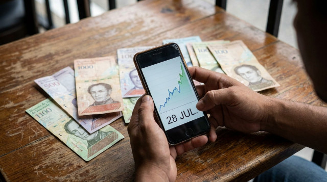 Primer plano de una pantalla de smartphone mostrando un gráfico financiero ascendente junto a billetes de bolívares venezolanos, representando el monitoreo del dólar hoy en Venezue